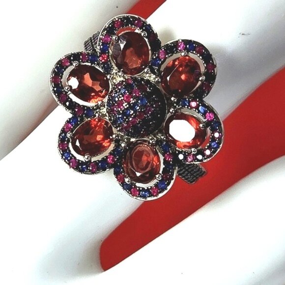 925 Sterling Silver Flower Ring Sz 7.75 with Natural Garnet, Ruby, Sapphire Gems - Picture 4 of 9